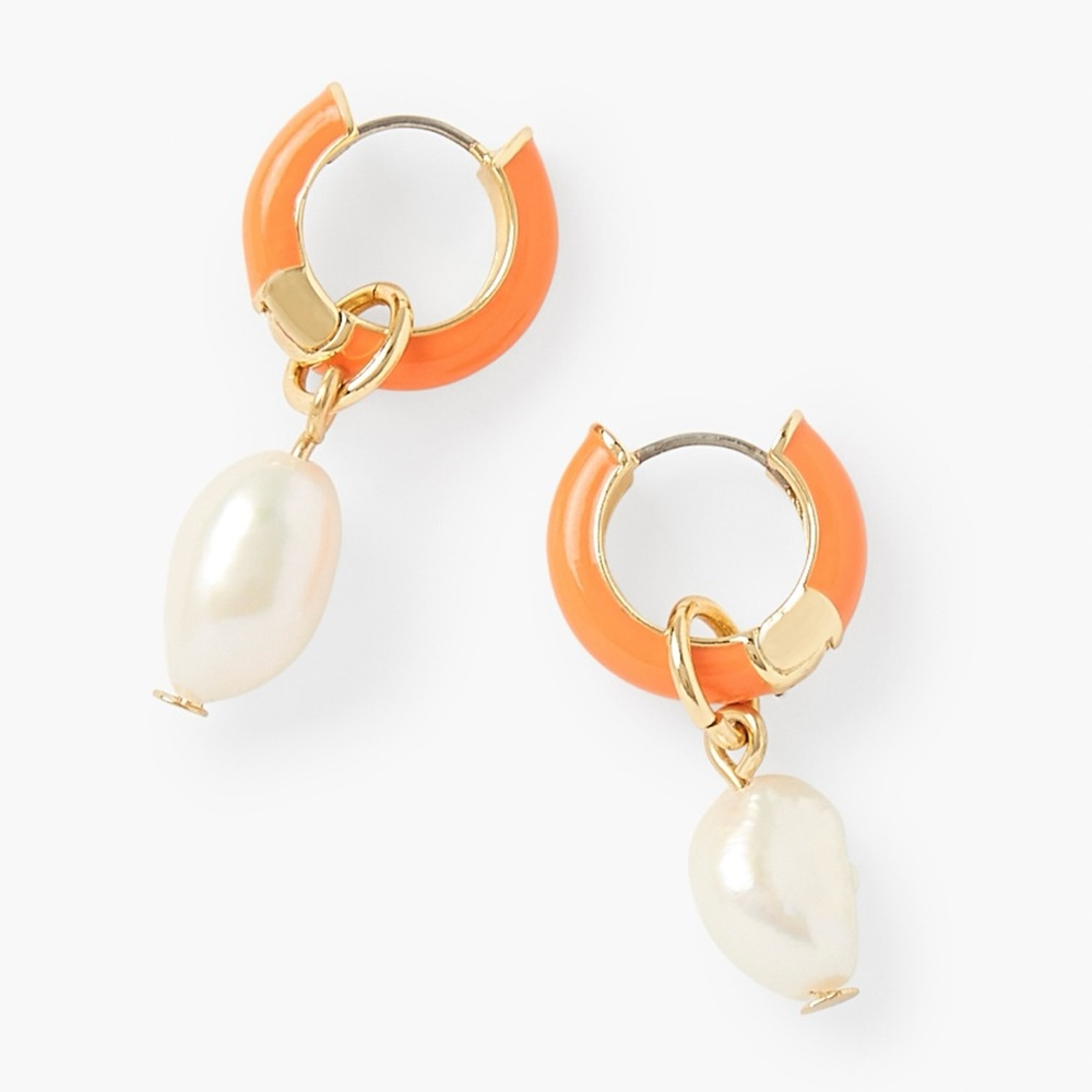 Talbots Coral Enamel Pearl Charm Hinged Hoop Earrings NWOT